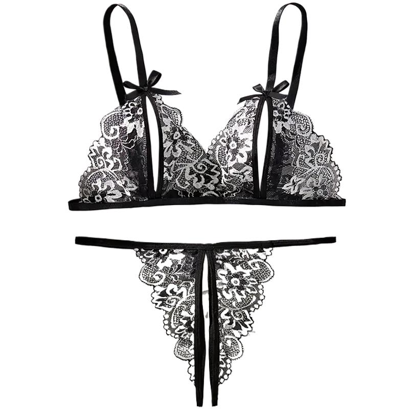 Lace Bralette Set - 黒ホットクロッチレスセクシーな女性のレースのランジェリー誘惑透明プッシュアップセックスブラジャーポルノオープンブラジャー下着セットエロ衣装