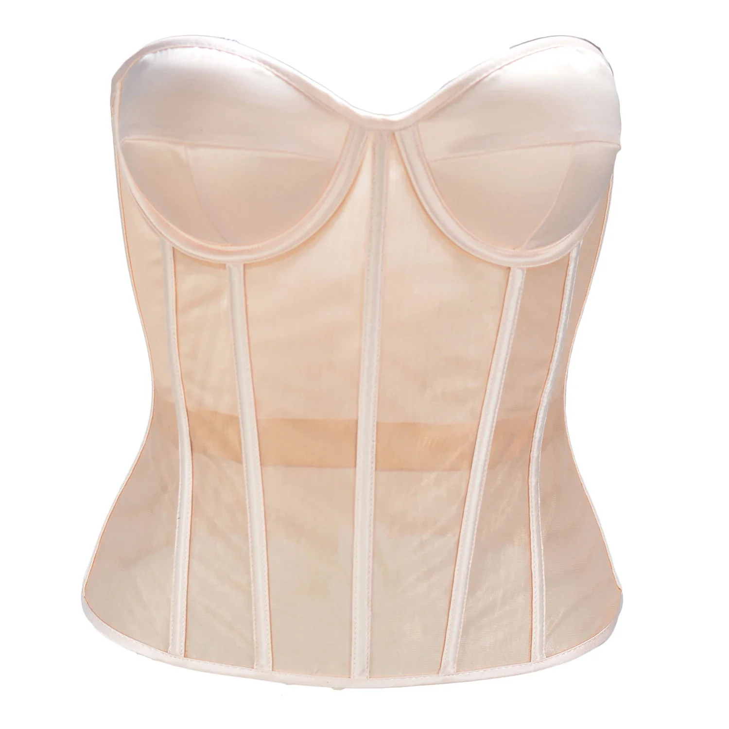 Sheer Mesh Bra - 2層腹部コルセット,透明メッシュ,通気性,ブラ付き,レースアップボーン,ベージュのボディコレット
